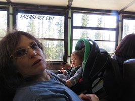 IMG 6259  Julie and Phelan on Shuttle bus to the Sled Dog Kennels, Denali National Park